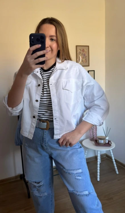 Katana bomberka oversize bawełniana luźna kieszenie biała NEST- CITY