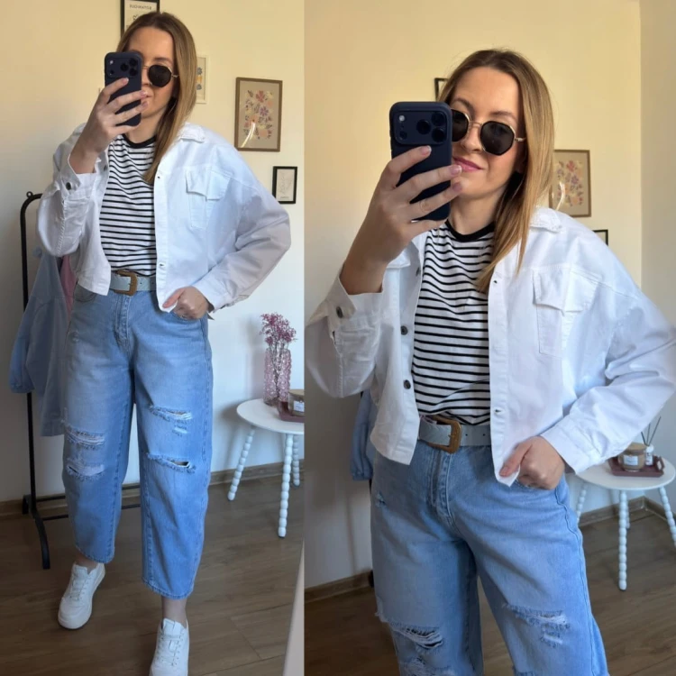 Katana bomberka oversize bawełniana luźna kieszenie biała NEST- CITY