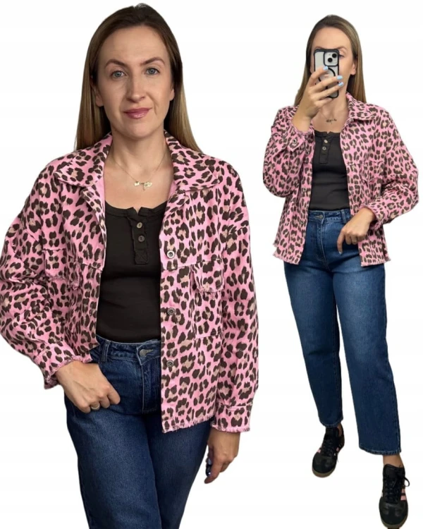 Katana jeansowa w panterkę cętki różowa brąz kieszenie bawełniana Azara - JUNGLE DENIM