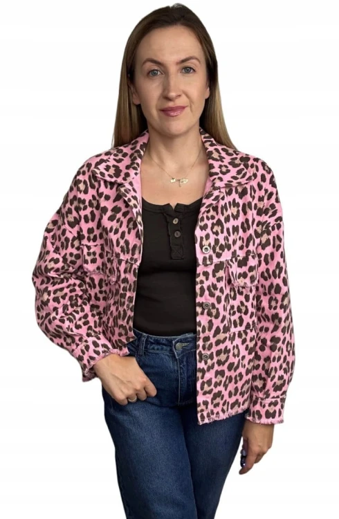 Katana jeansowa w panterkę cętki różowa brąz kieszenie bawełniana Azara - JUNGLE DENIM