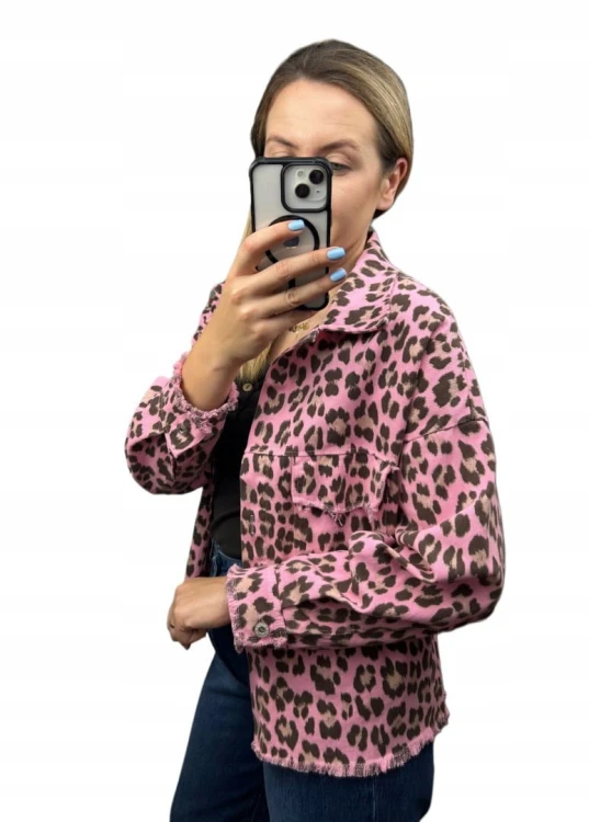 Katana jeansowa w panterkę cętki różowa brąz kieszenie bawełniana Azara - JUNGLE DENIM