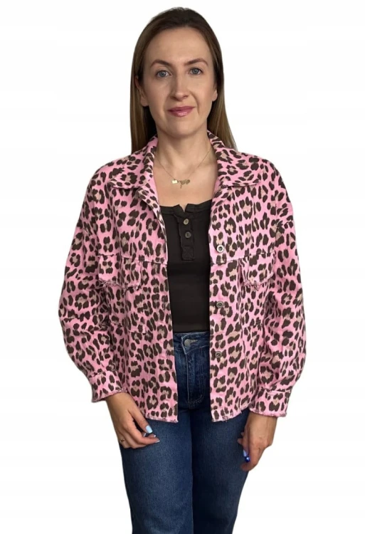 Katana jeansowa w panterkę cętki różowa brąz kieszenie bawełniana Azara - JUNGLE DENIM