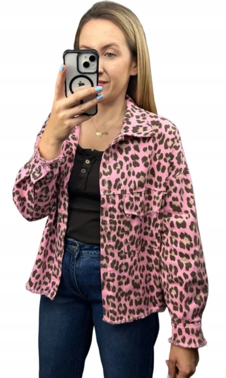 Katana jeansowa w panterkę cętki różowa brąz kieszenie bawełniana Azara - JUNGLE DENIM