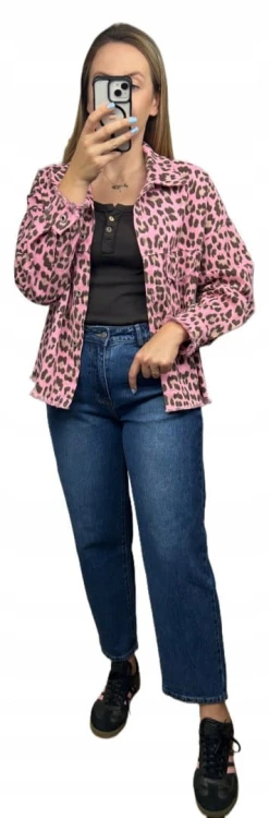 Katana jeansowa w panterkę cętki różowa brąz kieszenie bawełniana Azara - JUNGLE DENIM