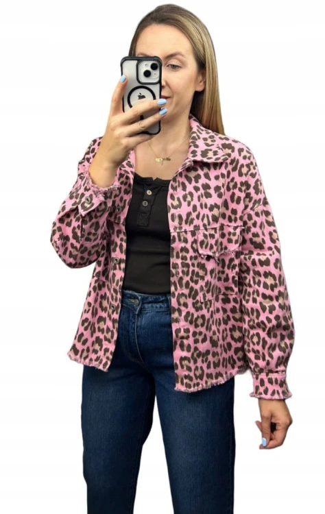 Katana jeansowa w panterkę cętki różowa brąz kieszenie bawełniana Azara - JUNGLE DENIM