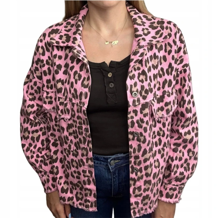 Katana jeansowa w panterkę cętki różowa brąz kieszenie bawełniana Azara - JUNGLE DENIM