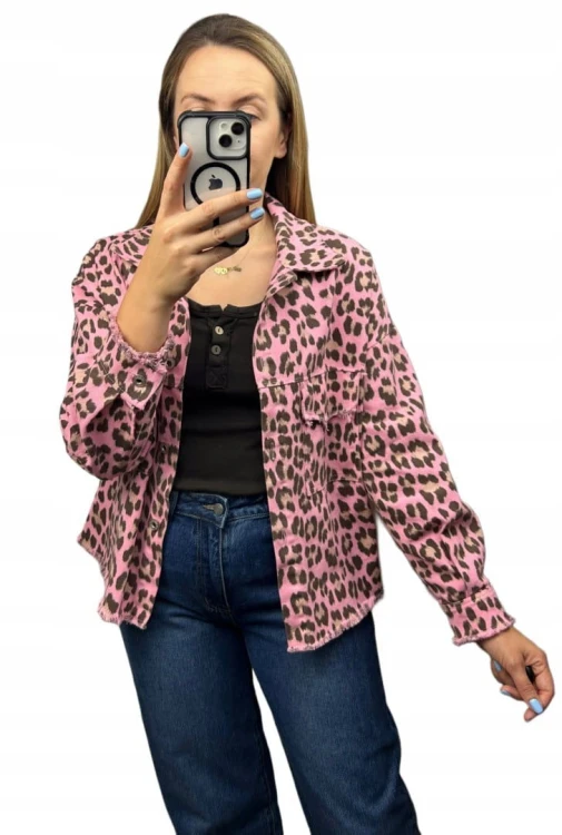 Katana jeansowa w panterkę cętki różowa brąz kieszenie bawełniana Azara - JUNGLE DENIM