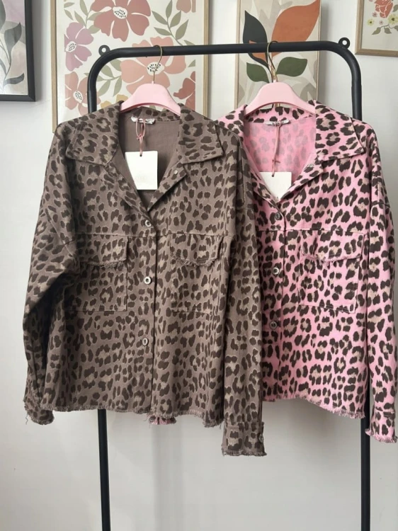 Katana jeansowa w panterkę cętki różowa brąz kieszenie bawełniana Azara - JUNGLE DENIM