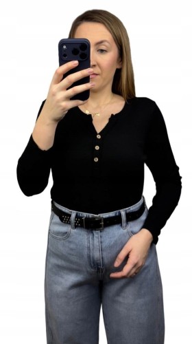 Klasyczna czarna bluzka damska prążkowana guziki bawełna Michelle- BASIC RIB