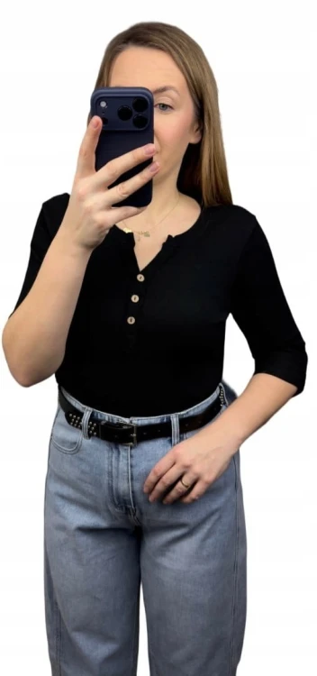 Klasyczna czarna bluzka damska prążkowana guziki bawełna Michelle- BASIC RIB