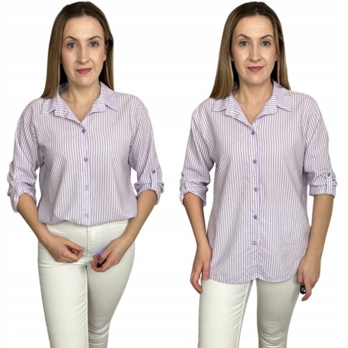 Klasyczna fioletowa koszula w paski pastelowa wywijany rękaw bawełniana