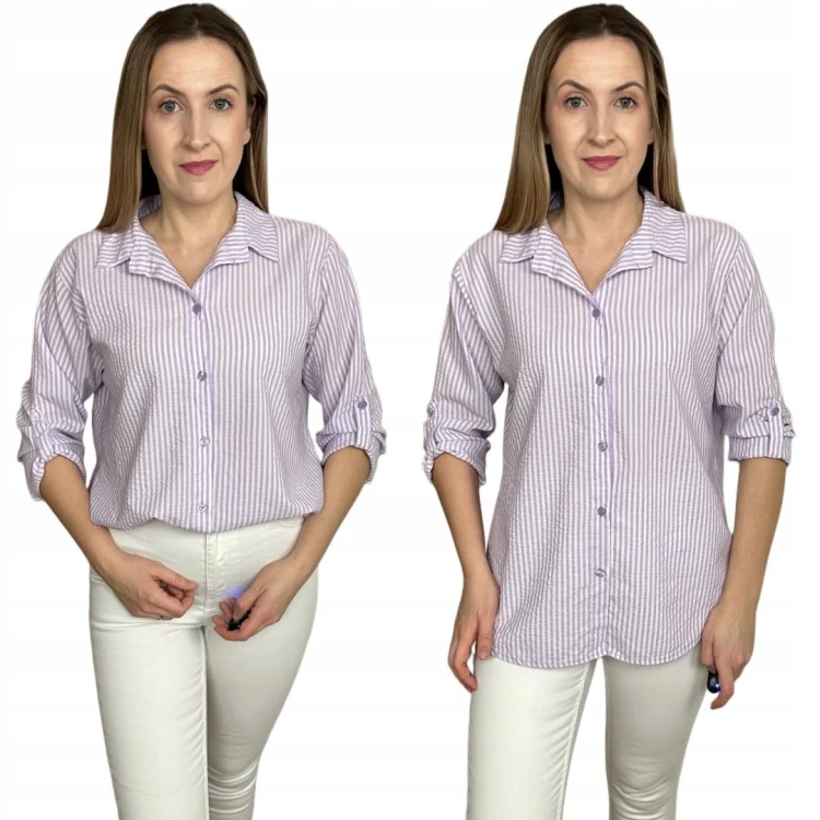 Klasyczna fioletowa koszula w paski pastelowa wywijany rękaw bawełniana