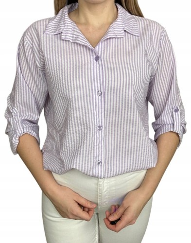 Klasyczna fioletowa koszula w paski pastelowa wywijany rękaw bawełniana