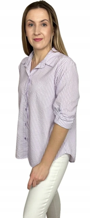 Klasyczna fioletowa koszula w paski pastelowa wywijany rękaw bawełniana