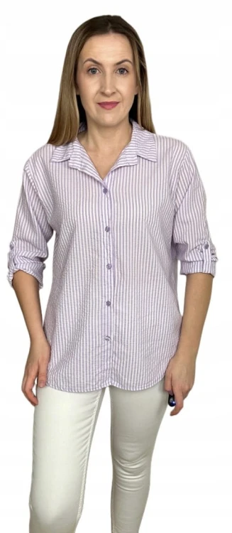 Klasyczna fioletowa koszula w paski pastelowa wywijany rękaw bawełniana
