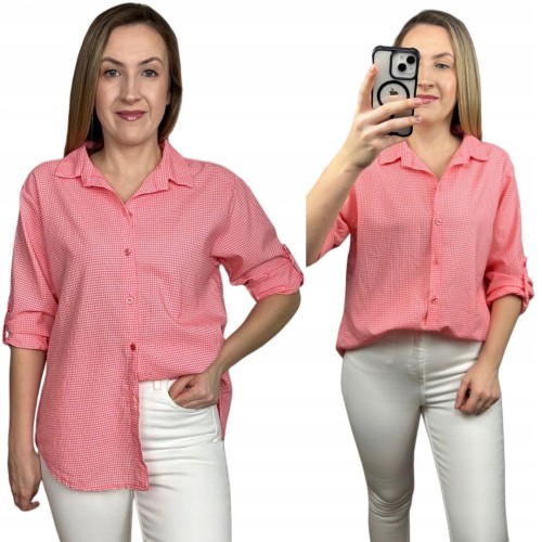 Klasyczna koralowa koszula w kratkę pastelowa wywijany rękaw bawełniana