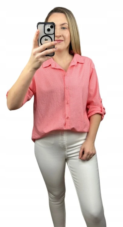 Klasyczna koralowa koszula w kratkę pastelowa wywijany rękaw bawełniana