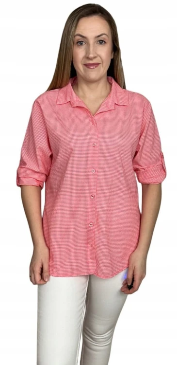 Klasyczna koralowa koszula w kratkę pastelowa wywijany rękaw bawełniana