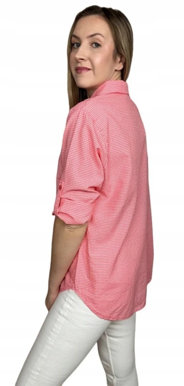 Klasyczna koralowa koszula w kratkę pastelowa wywijany rękaw bawełniana