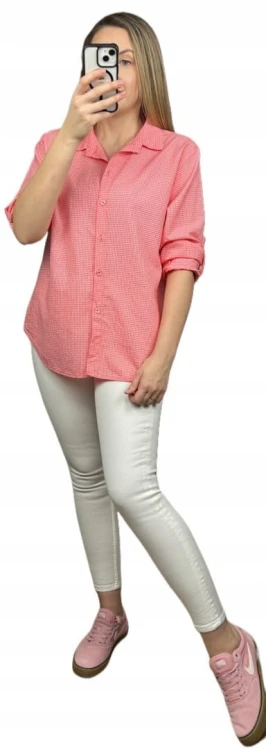 Klasyczna koralowa koszula w kratkę pastelowa wywijany rękaw bawełniana