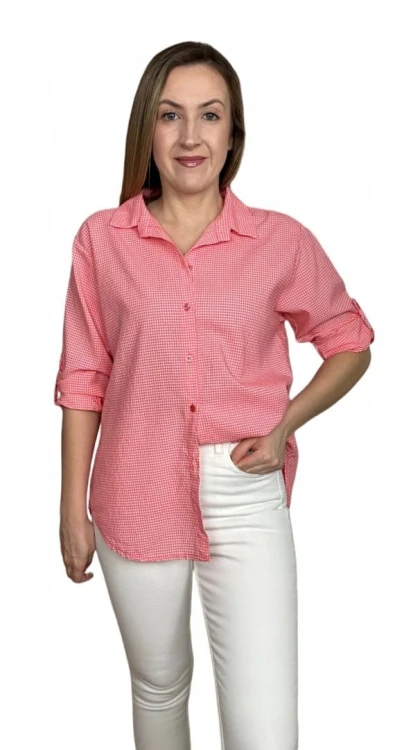 Klasyczna koralowa koszula w kratkę pastelowa wywijany rękaw bawełniana