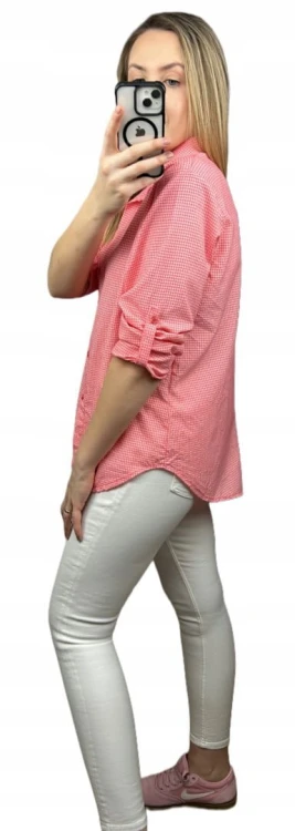 Klasyczna koralowa koszula w kratkę pastelowa wywijany rękaw bawełniana