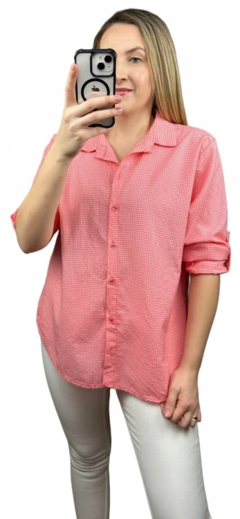 Klasyczna koralowa koszula w kratkę pastelowa wywijany rękaw bawełniana