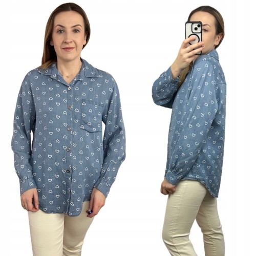 Klasyczna niebieska koszula w serduszka serca kieszeń tencel jedwab