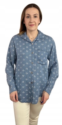 Klasyczna niebieska koszula w serduszka serca kieszeń tencel jedwab