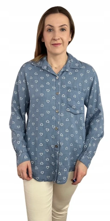 Klasyczna niebieska koszula w serduszka serca kieszeń tencel jedwab