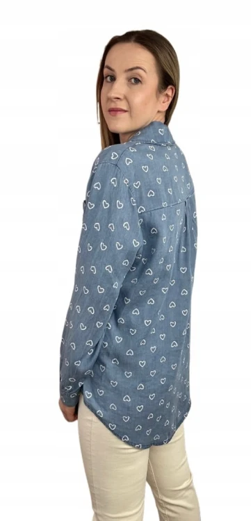 Klasyczna niebieska koszula w serduszka serca kieszeń tencel jedwab