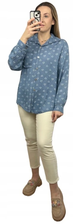 Klasyczna niebieska koszula w serduszka serca kieszeń tencel jedwab