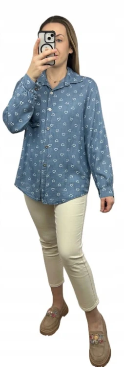 Klasyczna niebieska koszula w serduszka serca kieszeń tencel jedwab