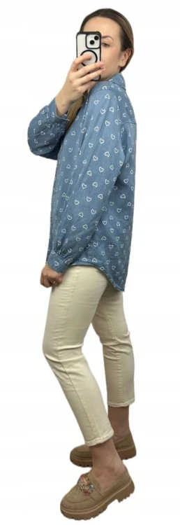 Klasyczna niebieska koszula w serduszka serca kieszeń tencel jedwab