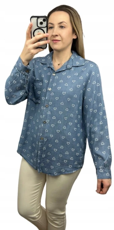 Klasyczna niebieska koszula w serduszka serca kieszeń tencel jedwab