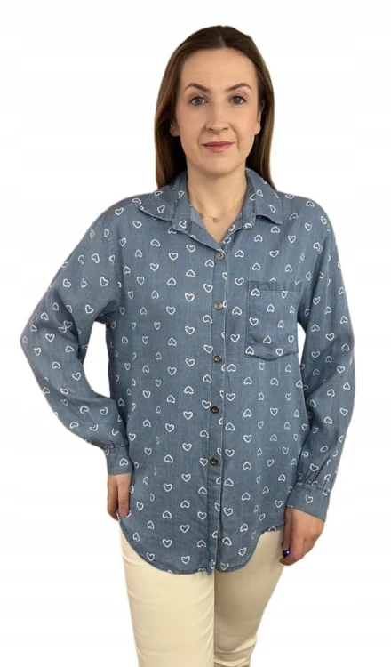 Klasyczna niebieska koszula w serduszka serca kieszeń tencel jedwab
