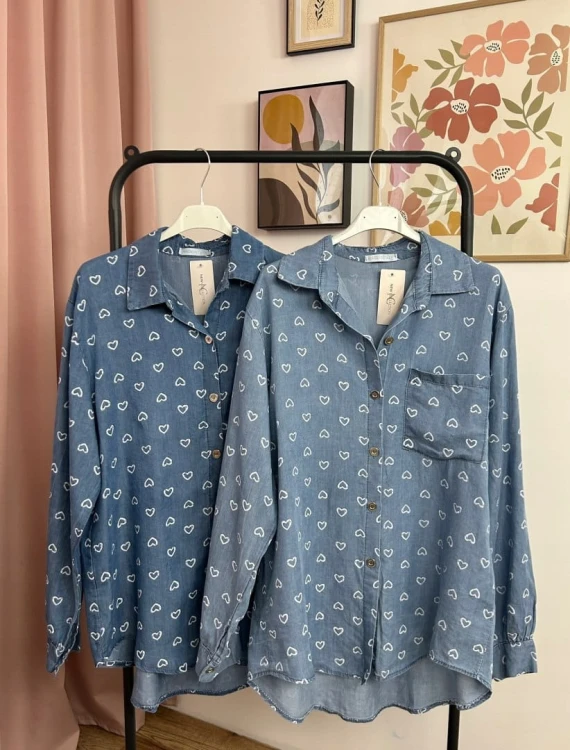 Klasyczna niebieska koszula w serduszka serca kieszeń tencel jedwab