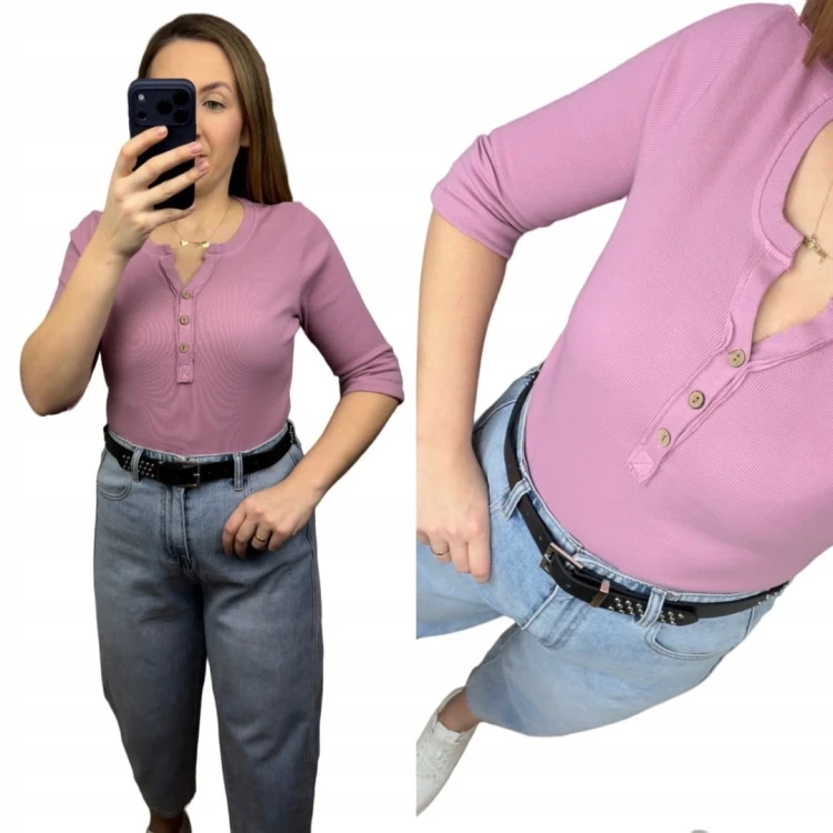 Klasyczna różowa bluzka damska prążkowana guziki bawełna Michelle- BASIC RIB