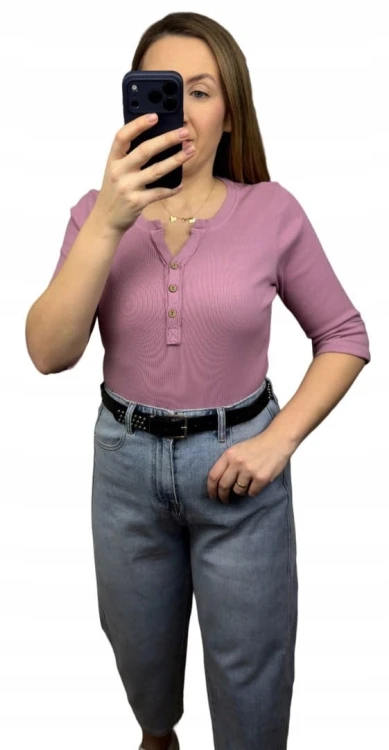 Klasyczna różowa bluzka damska prążkowana guziki bawełna Michelle- BASIC RIB