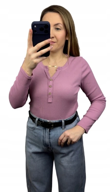 Klasyczna różowa bluzka damska prążkowana guziki bawełna Michelle- BASIC RIB