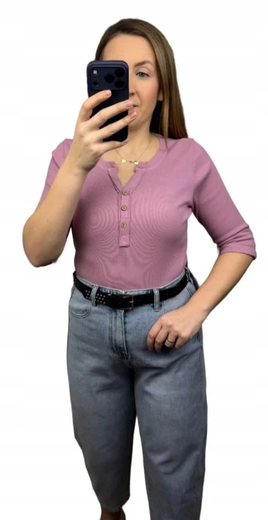 Klasyczna różowa bluzka damska prążkowana guziki bawełna Michelle- BASIC RIB