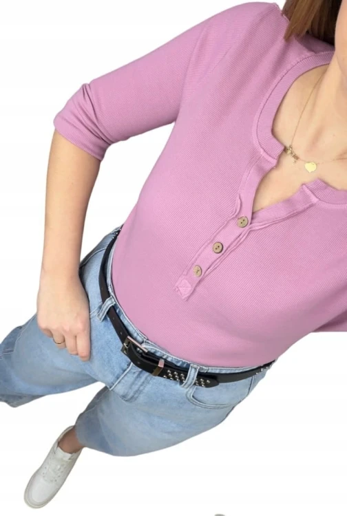 Klasyczna różowa bluzka damska prążkowana guziki bawełna Michelle- BASIC RIB