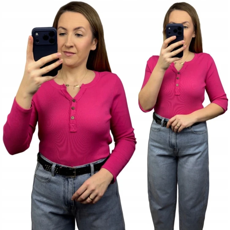 Klasyczna różowa fuksja bluzka damska prążkowana guziki bawełna Michelle- BASIC RIB
