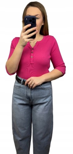 Klasyczna różowa fuksja bluzka damska prążkowana guziki bawełna Michelle- BASIC RIB