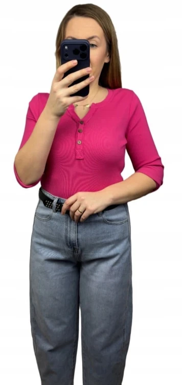 Klasyczna różowa fuksja bluzka damska prążkowana guziki bawełna Michelle- BASIC RIB