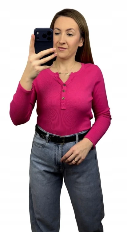 Klasyczna różowa fuksja bluzka damska prążkowana guziki bawełna Michelle- BASIC RIB