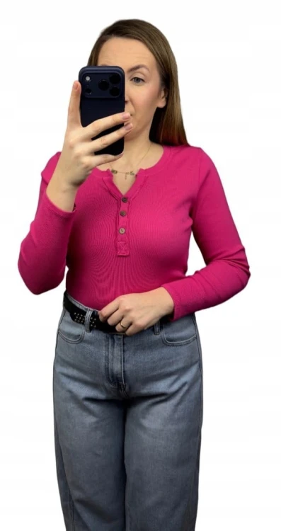 Klasyczna różowa fuksja bluzka damska prążkowana guziki bawełna Michelle- BASIC RIB