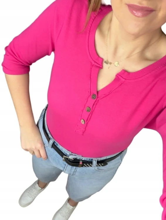 Klasyczna różowa fuksja bluzka damska prążkowana guziki bawełna Michelle- BASIC RIB