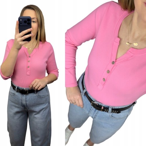 Klasyczna różowa róż bluzka damska prążkowana guziki bawełna Michelle- BASIC RIB