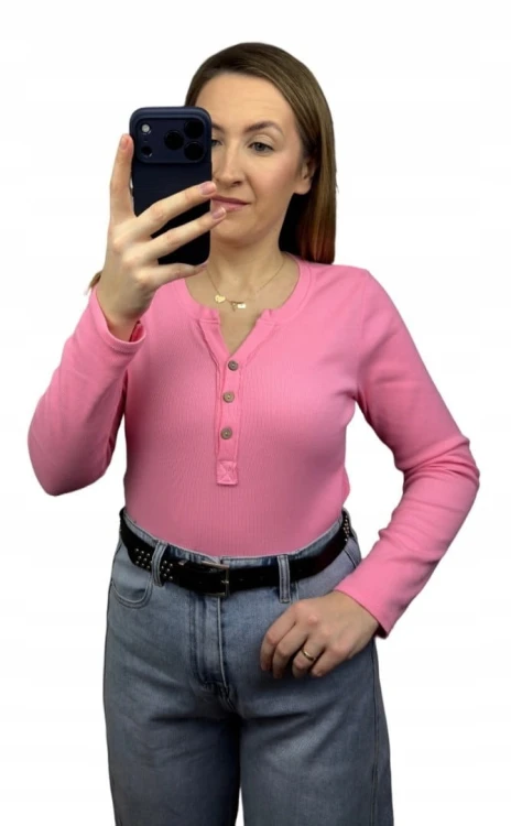 Klasyczna różowa róż bluzka damska prążkowana guziki bawełna Michelle- BASIC RIB